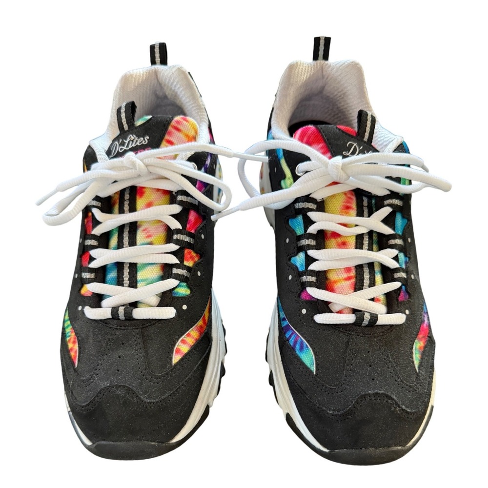 Skechers D'Lites Summer Fiesta Black Multi Color Tie Dye Chunky Sneaker 10